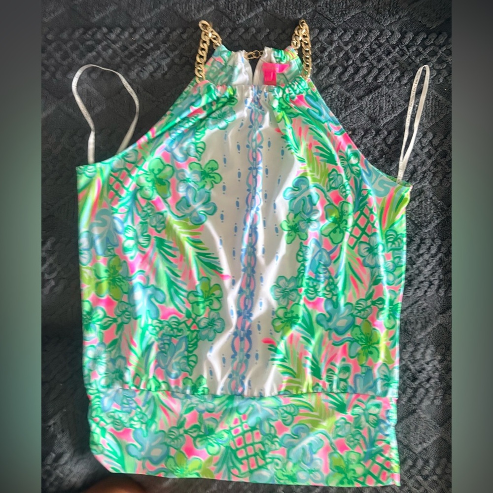 Lilly Pulitzer Tropical Print Halter top in Green, Pink & Blue size L EUC